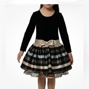 Bonnie Jean Elegant long sleeve Velvet Black Dress with Gold Accents